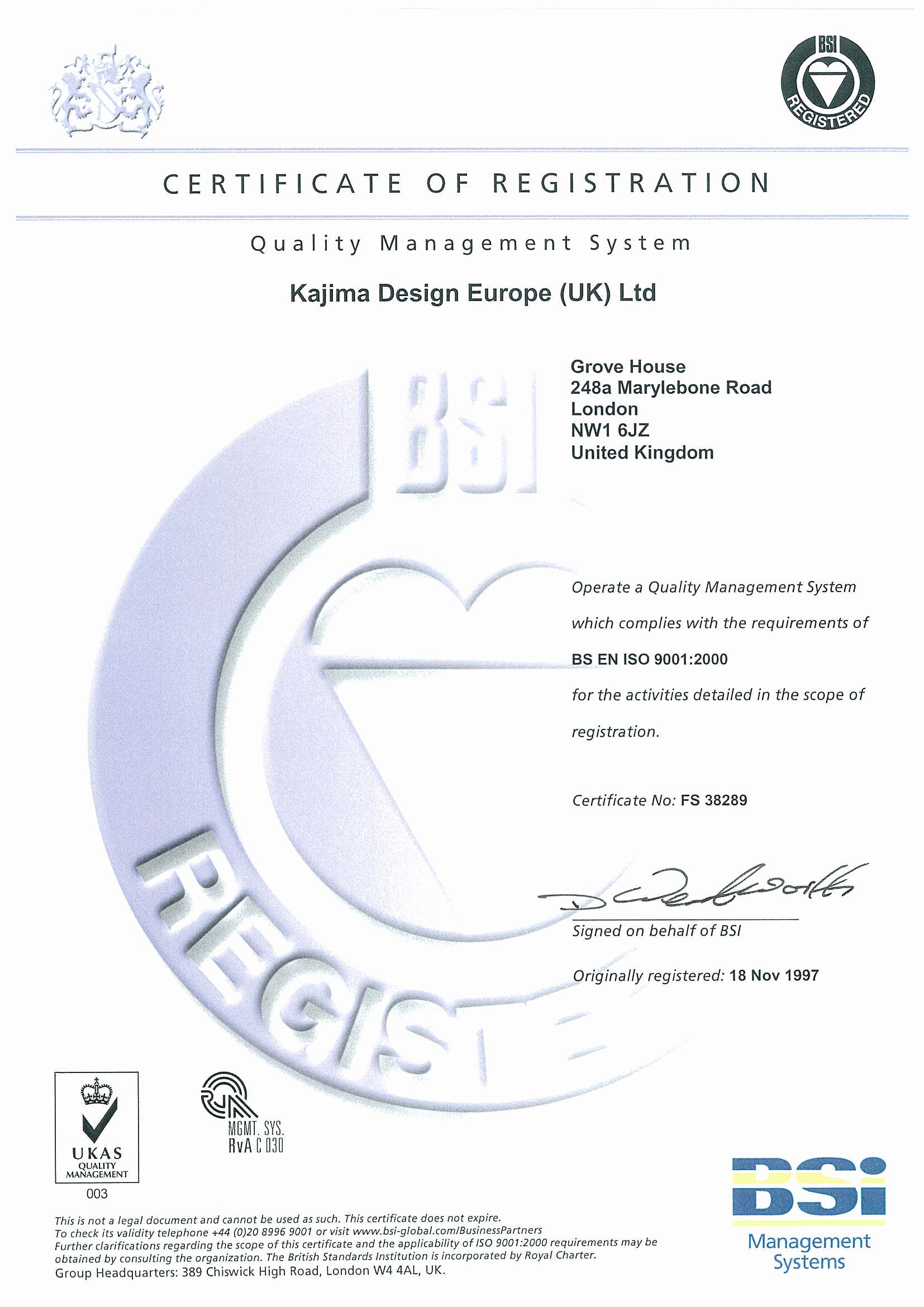 BSI ISO9001 Certificate
