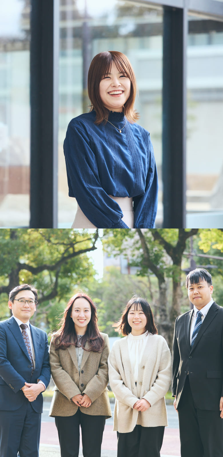 視覚障がいのある笑顔の女性社員と、彼女を支える個性豊かなチームメンバーたちが並ぶ写真