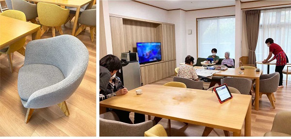 図版：シート高を低くしたソファ(左)が並ぶダイニングは、アイランド化したキッチンから見渡せます