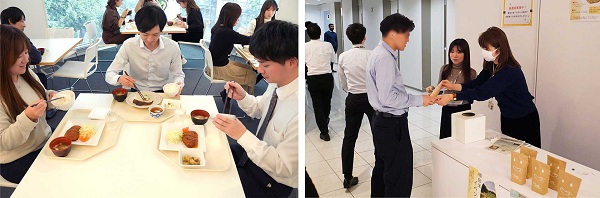 図版：鹿島本社ビル群の食堂で新米を味わった社員（左）や、抽選に当選した社員からは喜びの声が聞かれました