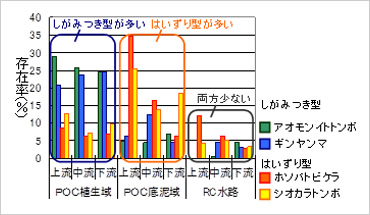 図版：施工後1年間の水生昆虫の分布例