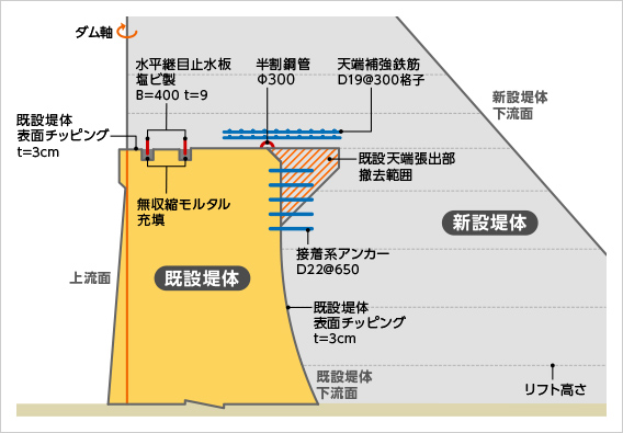 図版：既設天端付近の新旧コンクリート一体化対策（新桂沢ダム）