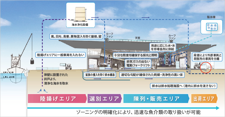 図版：高度衛生管理型魚市場のイメージ（女川町地方卸売市場中央棟荷捌場）