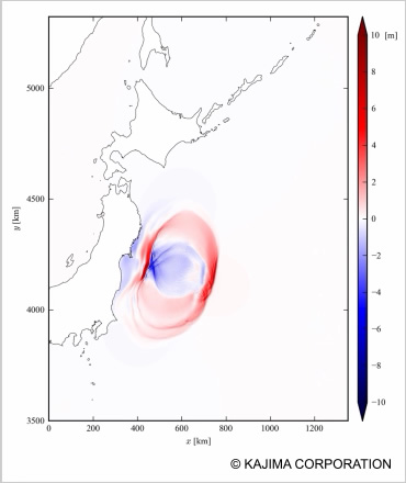 図版：海底地震発生直後における波源の水位変動量（初期条件）東北地方太平洋沖地震津波　藤井・佐竹モデル