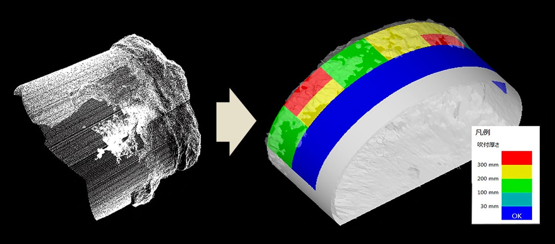 図版：スキャンデータと吹付け範囲をゾーニングした吹付け計画