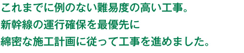 これまでに例のない難易度の高い工事。新幹線の運行確保を最優先に綿密な施工計画に従って工事を進めました。 