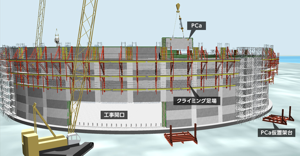 図版：LNGPC地上タンク施工状況図（プレキャスト）