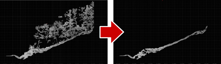 図版:伐採前レーザ測量樹木処理前データと樹木データ処理後 出力例
