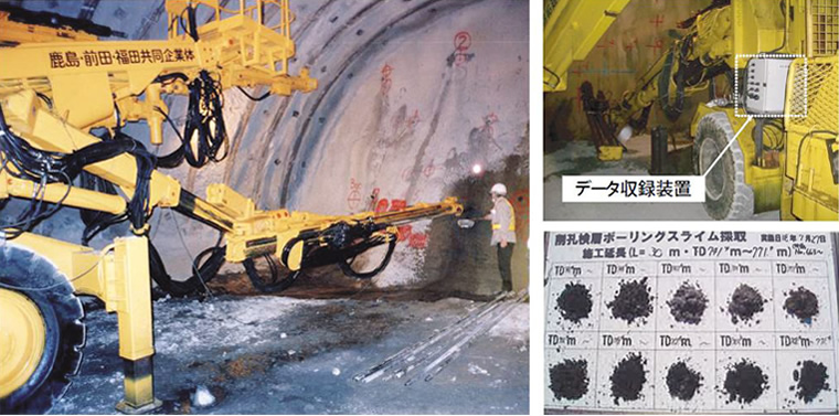 図版:削孔検層(左:実施状況、右上:データ収録装置、右下:スライムの写真)