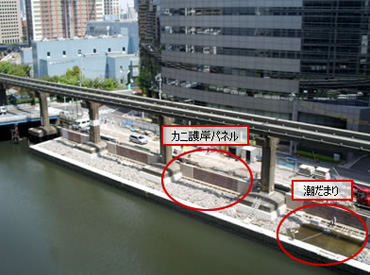 図版:都市部におけるカニ護岸パネルと潮だまりを有する耐震補強護岸例