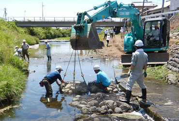 図版：いはらの川再生プロジェクトの石倉カゴ設置状況