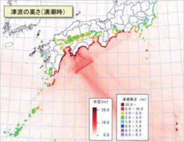 図版：南海トラフの巨大地震モデル検討会」が複数のパターンについて行った、ケーススタディの一例（内閣府：2012.3.31）