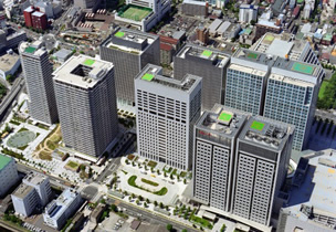 図版：品川シーサイド駅直上に広がる複合ビル群