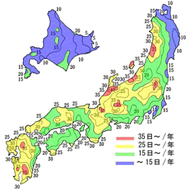 年間雷雨日数分布図