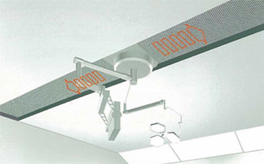 図版：HEPAフィルターエリアを可動可能でどの位置に動かしても清潔領域を確保できる無影灯架台