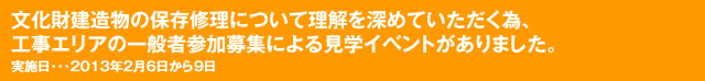 文化財建造物の保存修理について理解を深めていただく為、工事エリアの一般者参加募集による見学イベントがありました｡実施日･･･2013年2月6日から9日