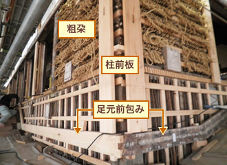 写真：五層壁で先行の間渡し取付、粗朶組み後、宮大工によって、柱前板、足元前包みを復旧しているところです。右側は古い足元前包みをそのまま使用しますが、左側は新しく取付けた足元前包みです。 