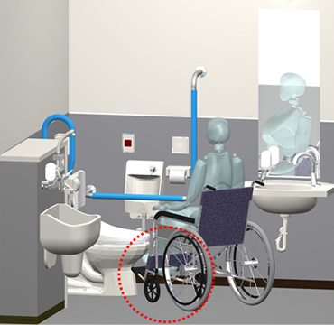 図版：大便器の下を車椅子のフットレストが通過可能な器具を選定することで大便器下部も回転スペースとすることができます。