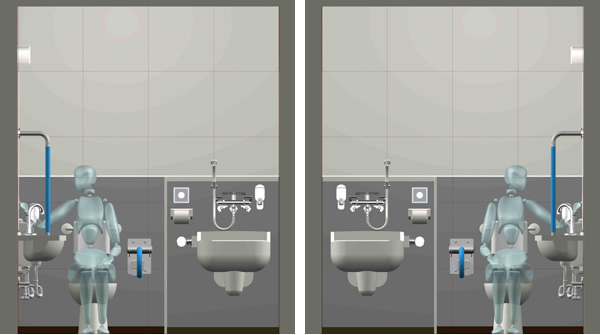図版：設備機器のレイアウトが左右対称のトイレを設置すれば、使いやす苦なる方が増えます。