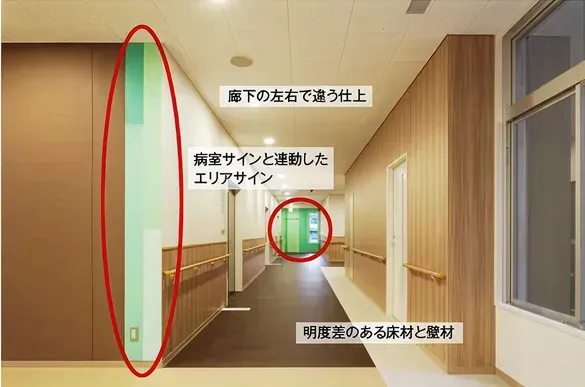 図版：病棟廊下（サインや内装カラーリングによるエリアの認知）