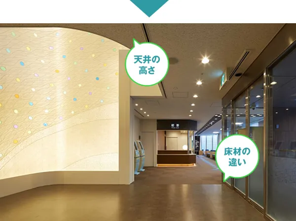 図版:天井の高さと床材の違いによる音の違いで空間認知を助ける空間設計例