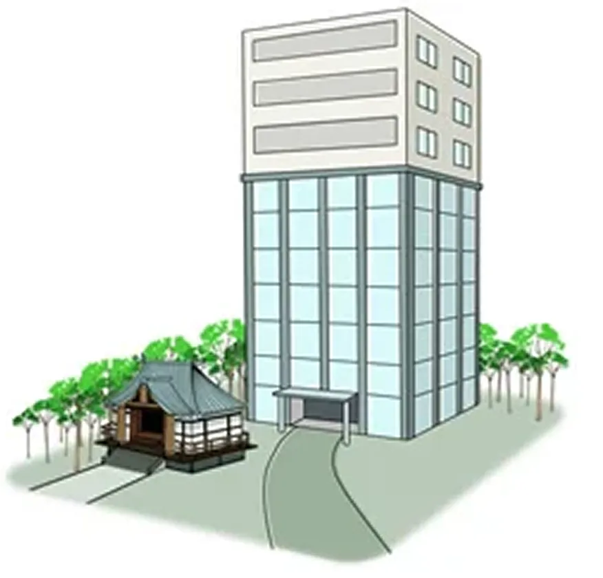 図版：オフィス・住宅と寺社の複合イメージ